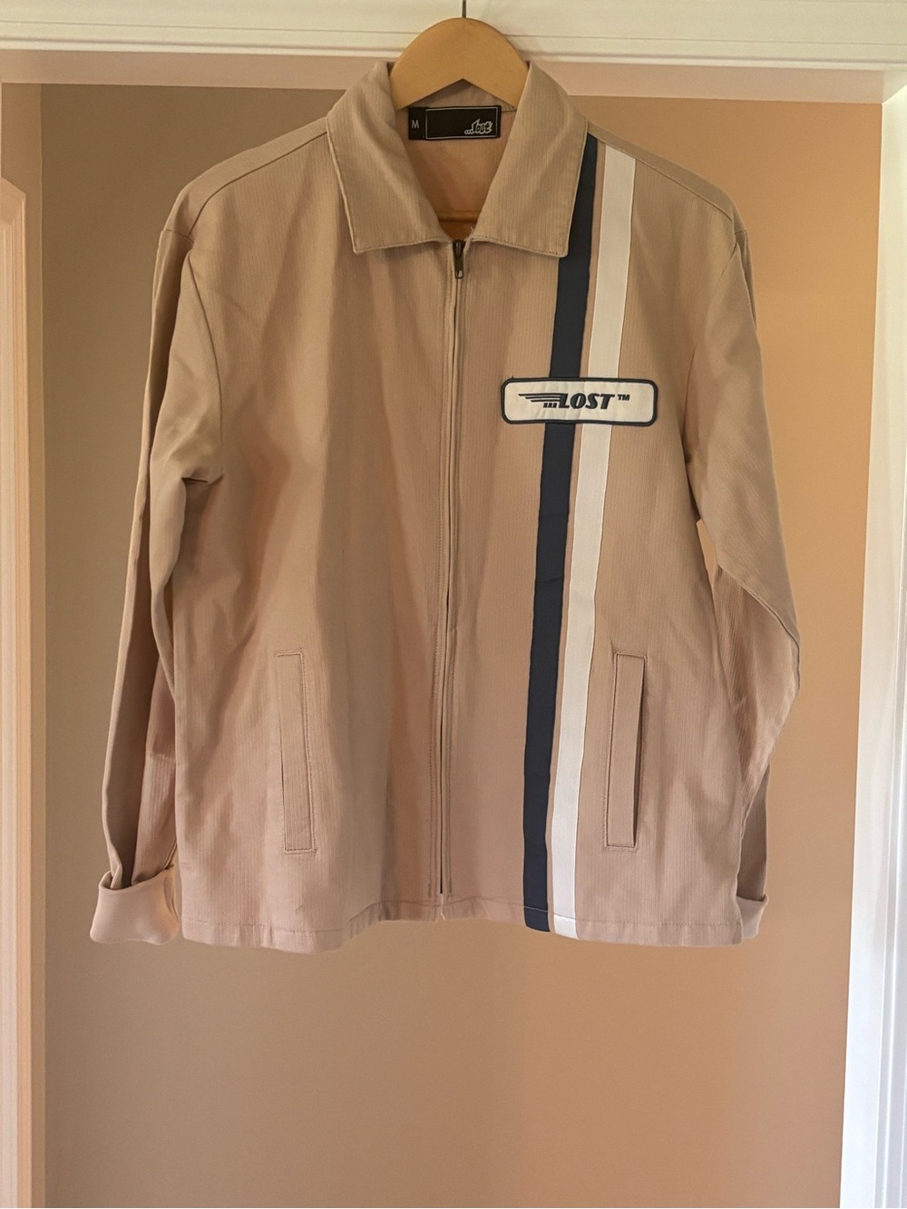 Lost Men’s Tan Lightweight Zip Jacket with Navy & White Stripes